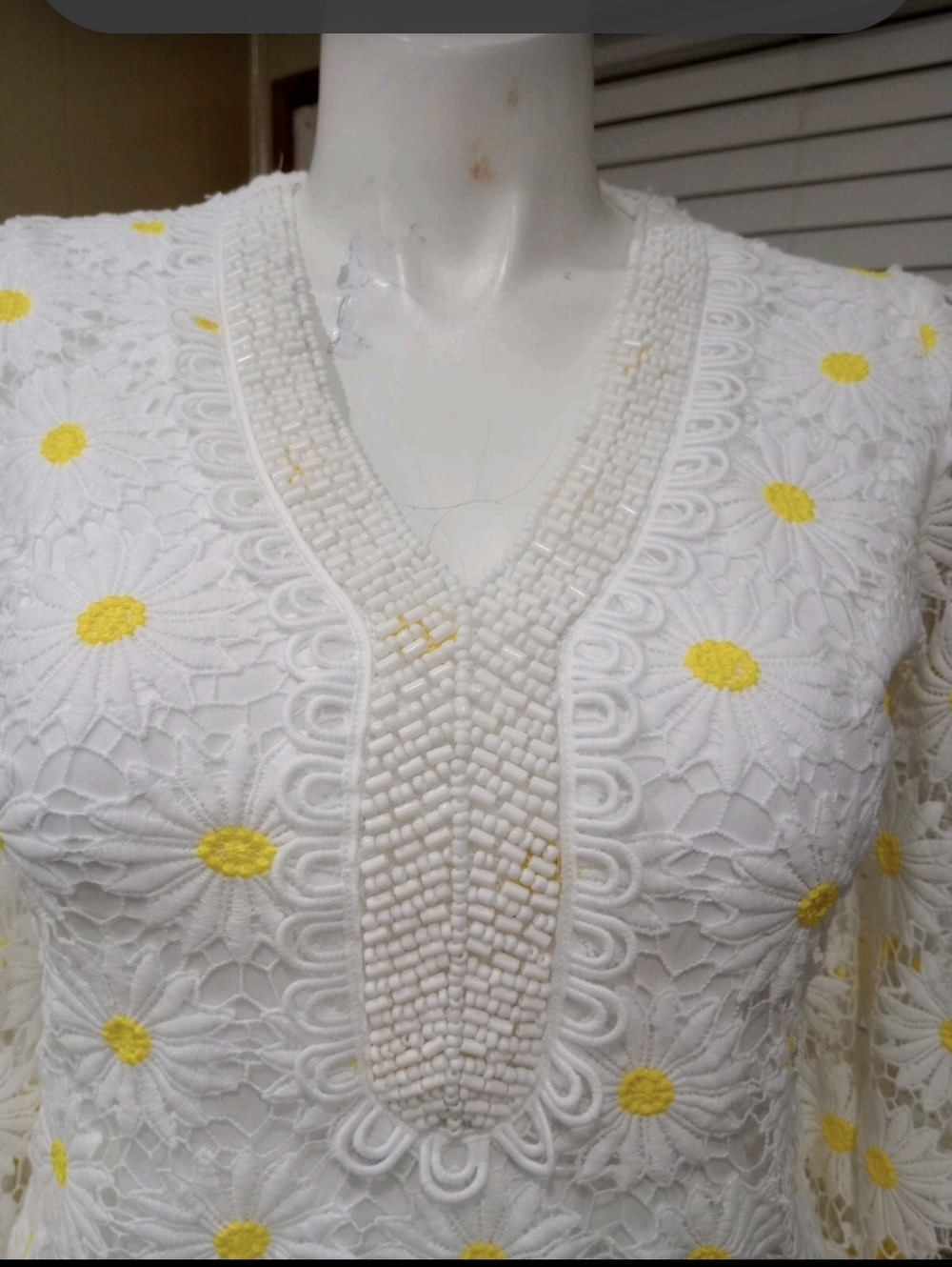 White Floral Lace Dress Yellow Daisy Embroidery V-Neck Shift Boho Cottagecore - Picture 7 of 8